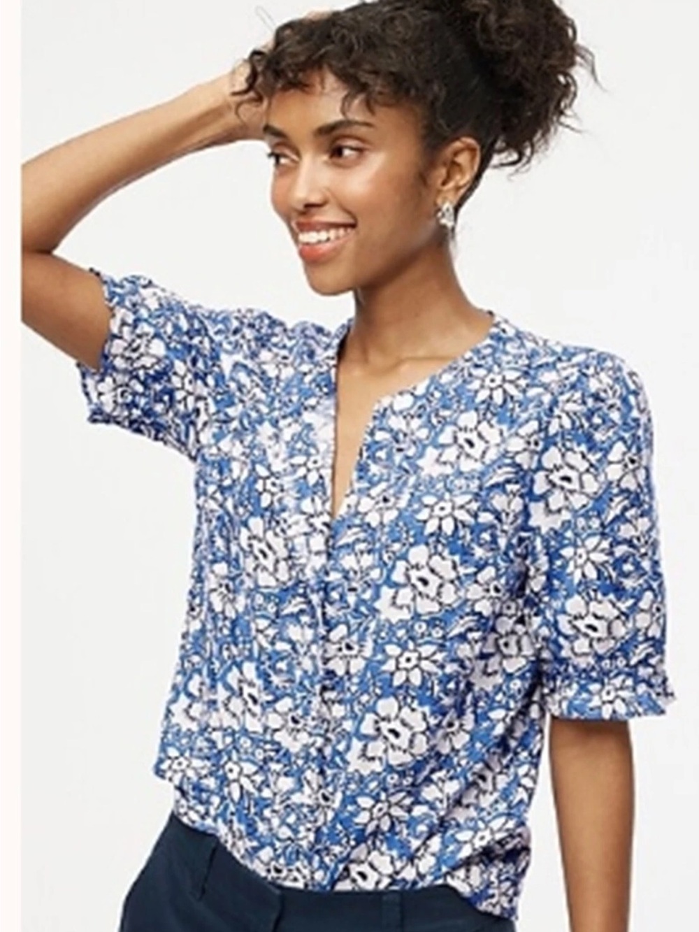 J Crew Blue Floral Linen-blend Ruffle Top Buttons Down 1/2 Puff Sleeves Size XL